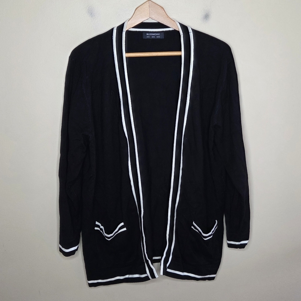 Bloomchic Black Open Front Cardigan with White Trim Size US 12 Preppy Classic